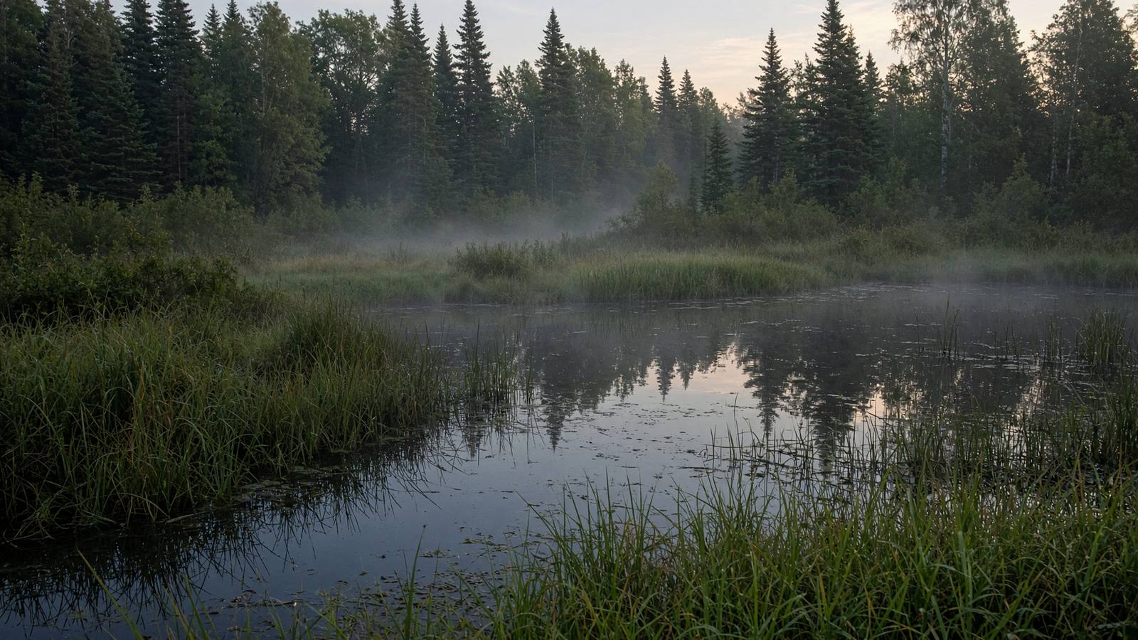Still wetland water, reeds, and forest in morning light